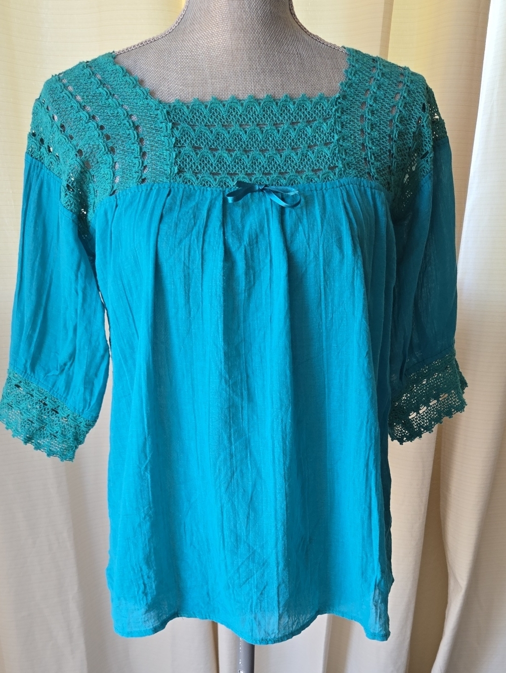 Handmade Crochet Yoke Peasant Top - Teal